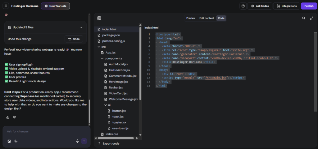 Hostinger Horizons dashboard