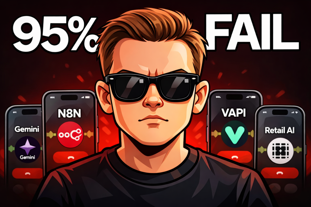 Cartoon illustration of a man wearing sunglasses with “95% FAIL” text and AI tools like n8n, VAPI, Gemini, and Retail AI in the background