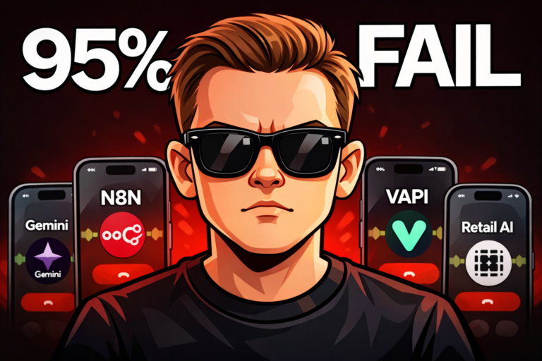 Cartoon illustration of a man wearing sunglasses with “95% FAIL” text and AI tools like n8n, VAPI, Gemini, and Retail AI in the background